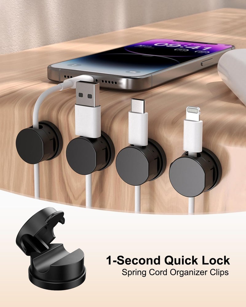 Oneleaf 12 Pack 360° Rotatable Spring Cable Clips[1s Lock], Adhesive Cord Holder for Nightstand, Phone Charger Cord Holder for Desk Home Office Car Game Station - Image 2